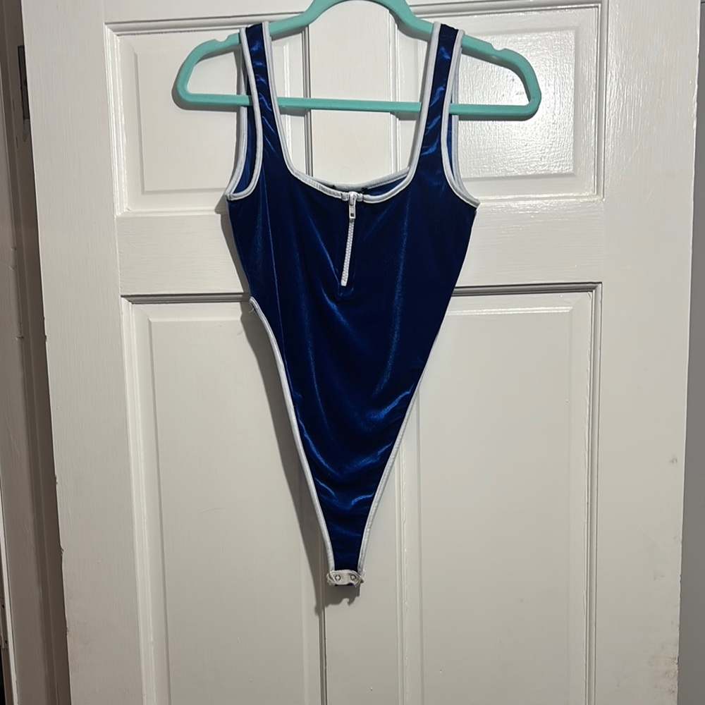 Fashion Nova Blue and White Bodysuit